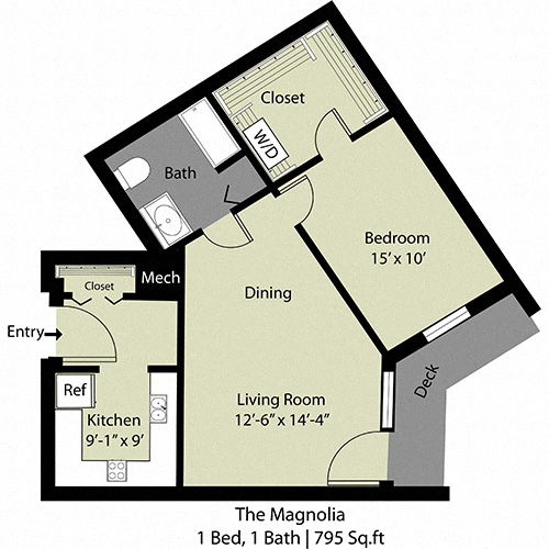 Floor plan for 1 bed, 1 bath, 795 sqft